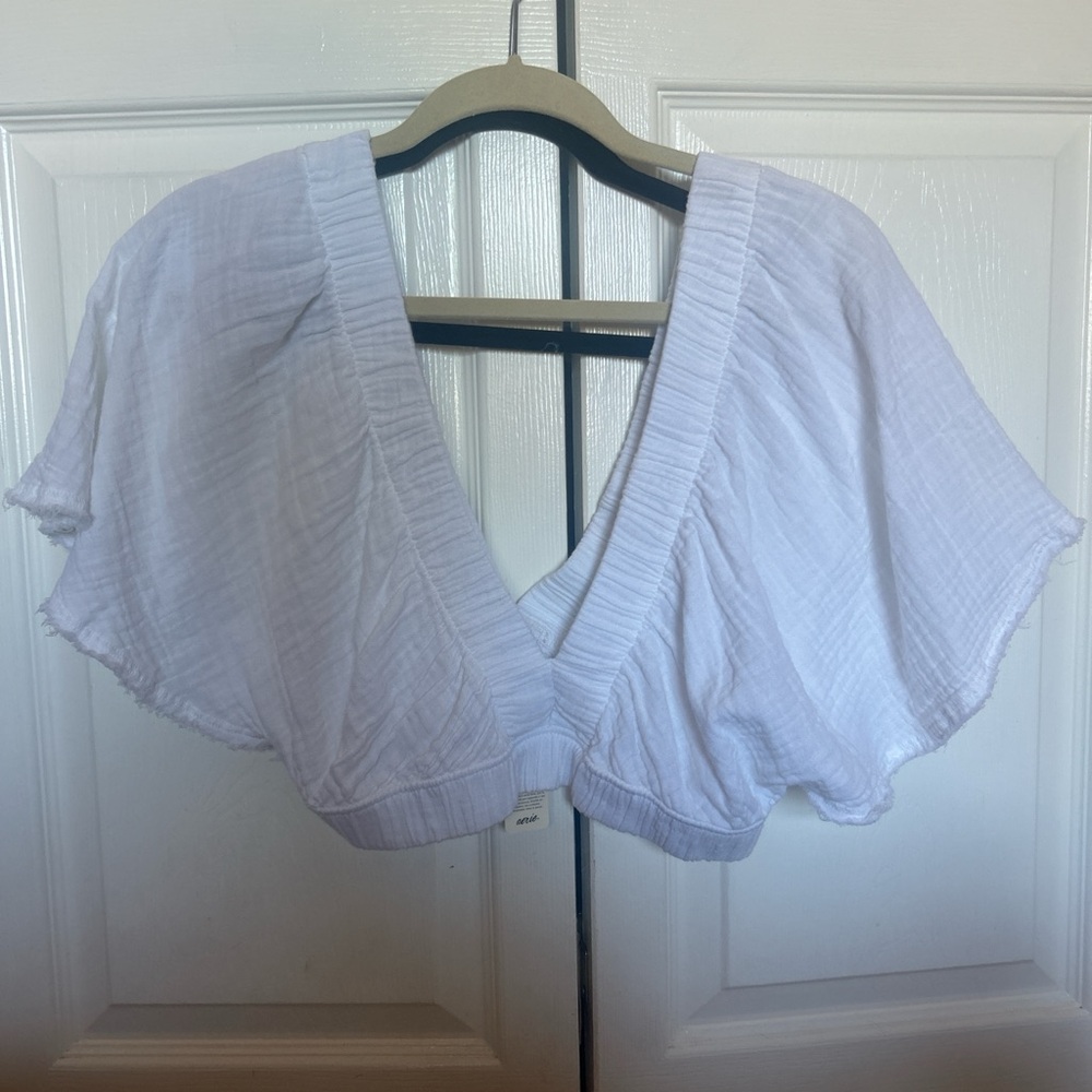 white aerie Pool to Party cropped flutter sleeve shirt